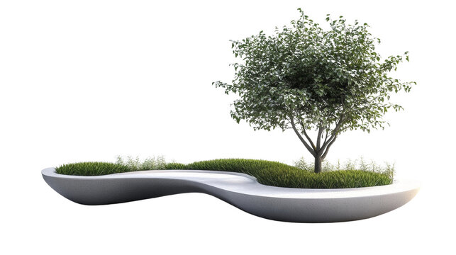 A modern concrete planter shaped like a curved bench holds a small tree and various grasses, creating a tranquil outdoor setting.