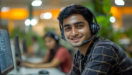 Young South Asian male customer service representative wearing headset smiles while working at computer in modern call center office with bokeh background.