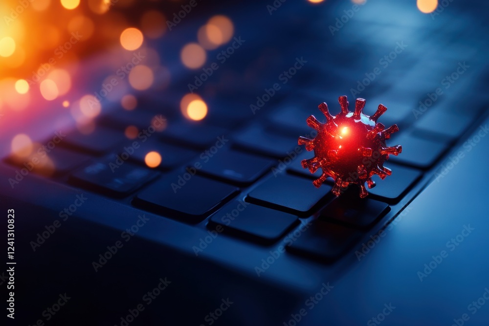 Poster a close-up view of a virus model resting on a keyboard, symbolizing technology's role in health and 