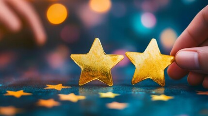 Hands carefully placing gold stars on a colorful surface during a festive celebration at night