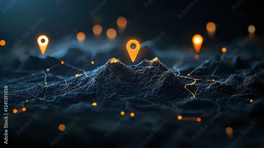 Poster Glowing location pins hover over dark mountain landscape with connected network lines, orange bokeh lights create magical atmosphere for travel concepts.