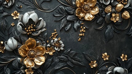 Obraz premium Floral relief art featuring gold and black detailing with intricate designs showcasing blooms and leaves