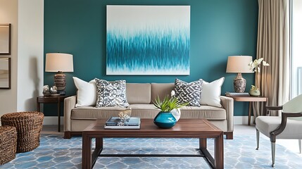 Teal living room with sofa, coffee table, artwork, and lamps.