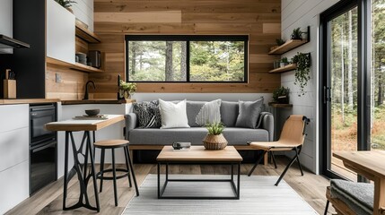 Convertible seating arrangements in a tiny home, including foldable chairs and nesting tables