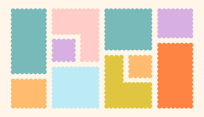 Frames Scalloped Vector Corrugated Bento Grid Shapes Set. Scallop Frame Wavy Retro Stickers Collection. Zig Zag Edge Geometric Borders Tag Boxes. Wiggle Line Design Sign Background. Isolated