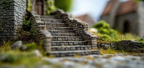 A close-up view of weathered stone steps leading up to a rustic building, surrounded by lush greenery.