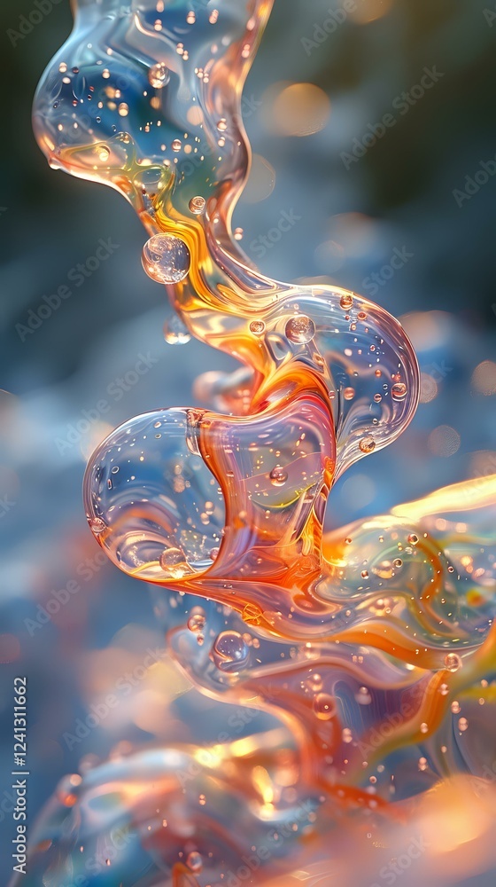 Poster abstract fluid art with orange and blue swirling shapes, bubbles and translucent elements creating d
