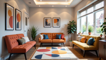 Colorful and inviting psychologist's office interior for therapy sessions, suitable for mental health clinic websites and interior design inspiration