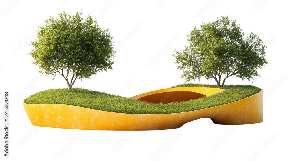 Poster a digitally rendered image shows a stylized landscape with two trees on a grassy knoll atop a yellow