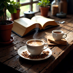 "Steaming Cup of Coffee on Rustic Wooden Table in Cozy Sunlit Library"