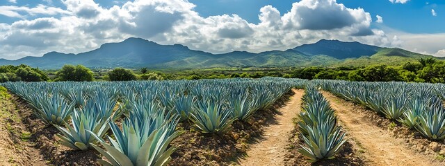 A field of giant cacti and agave plants
