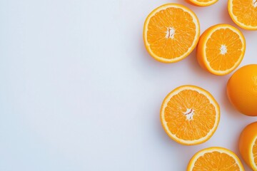 Minimal style flat lay of oranges on a white background with ample copy space, ideal for advertising or food magazine cover design