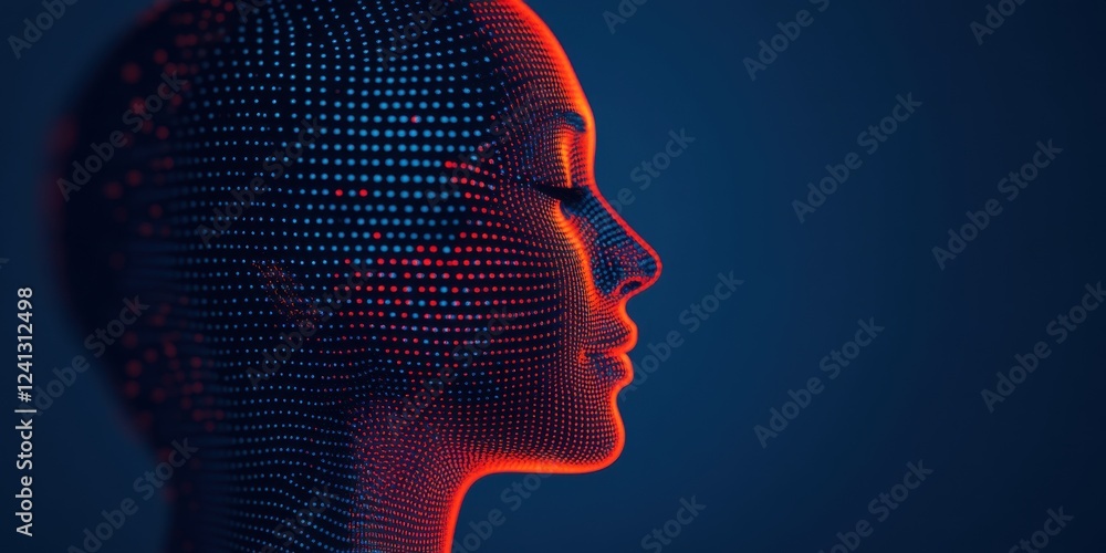 Poster a futuristic profile of a humanoid figure surrounded by digital patterns and neon colors, representi