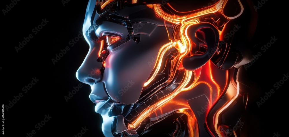 Aufkleber a futuristic robotic face illuminated with vibrant, glowing circuits, representing the convergence o