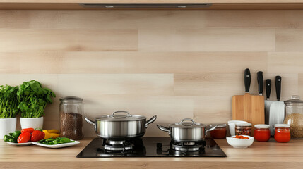 stylish kitchen featuring stove with simmering pots, fresh vegetables, and organized utensils creates warm and inviting cooking space