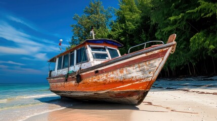 Fototapeta premium A weathered fishing boat rests on a sandy beach under a vibrant blue sky with lush trees nearby