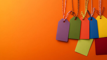 Colorful gift tags hang against vibrant orange background, creating cheerful and festive atmosphere. Perfect for celebrations and special occasions