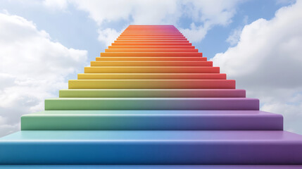 vibrant rainbow staircase ascends into soft blue sky, creating whimsical and uplifting atmosphere. colorful steps invite exploration and imagination