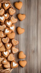 Fototapeta premium A delightful basket filled with heart-shaped cookies, adorned with red, pink, and white icing, perfect for a sweet celebration