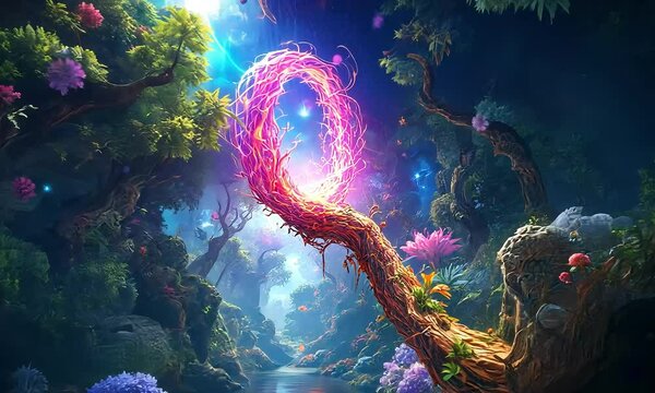 Enchanted Forest with Glowing Pink Tree and Vibrant Flowers