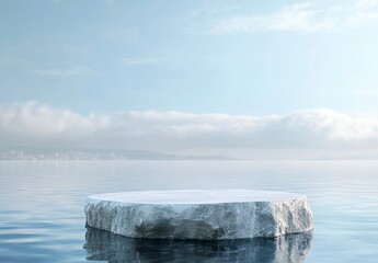 A stone podium on water with a blue background, a product display presentation mockup design template. A mock-up scene for beauty, cosmetic, and spa products presentation.