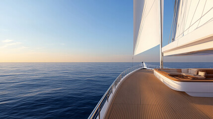 close up view of luxurious yacht sailing on calm waters, showcasing its elegant design and spacious deck. serene atmosphere evokes sense of tranquility and adventure