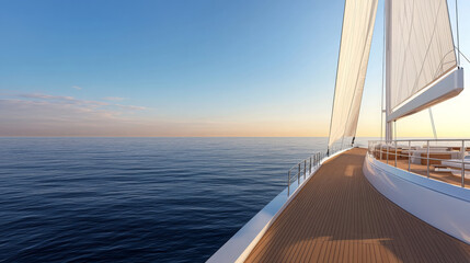 close up view of luxurious yacht sailing on calm waters, showcasing its elegant design and spacious deck under clear blue sky. serene atmosphere evokes sense of tranquility and adventure