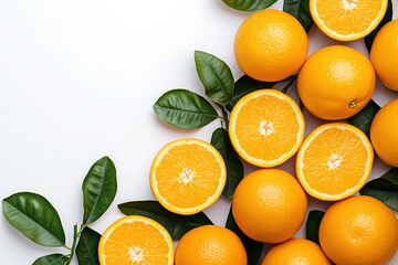 Flat lay of fresh and juicy oranges with leaves and a cut orange on a white background, perfect for healthy eating or food design concepts