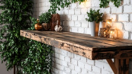 Rustic wooden shelf adorned with decorative plants and candles against a white brick wall