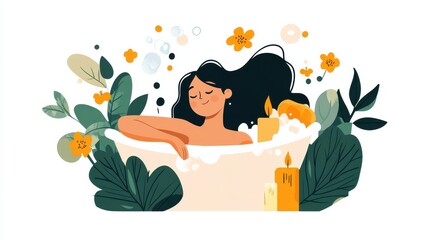 Relaxing Woman in Bathtub Surrounded by Nature and Candles