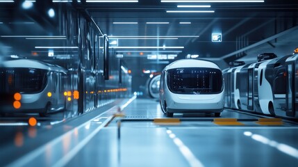 Obraz premium Futuristic Transportation: Autonomous Pods in a Modern Station