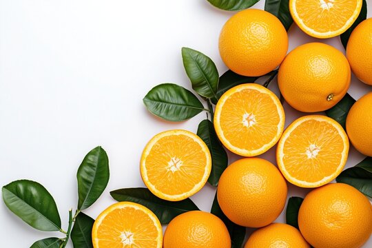 Flat lay of fresh and juicy oranges with leaves and a cut orange on a white background, perfect for healthy eating or food design concepts