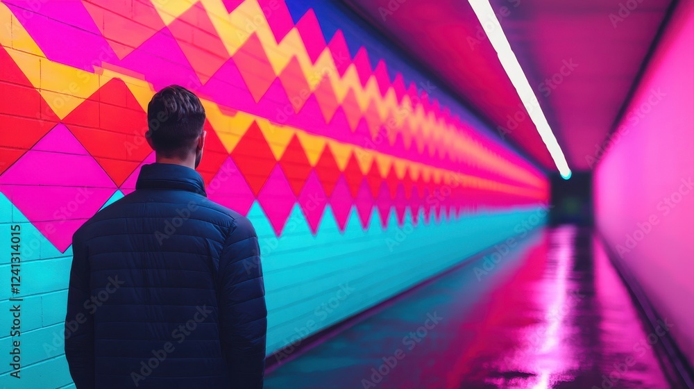 Poster a person stands in a vibrant, neon-lit tunnel with colorful geometric patterns on the walls, creatin
