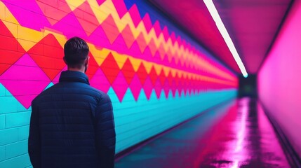 A person stands in a vibrant, neon-lit tunnel with colorful geometric patterns on the walls, creating a visually striking scene.