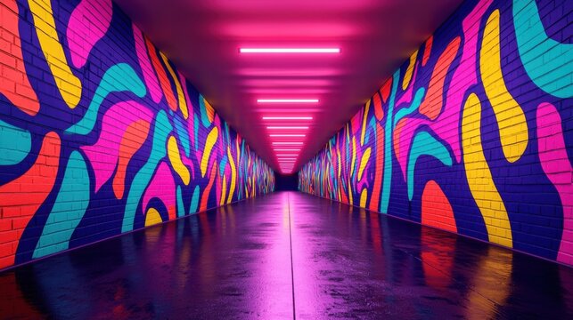A vibrant, colorful hallway featuring abstract graffiti art under bright neon lights, creating a lively and immersive atmosphere.