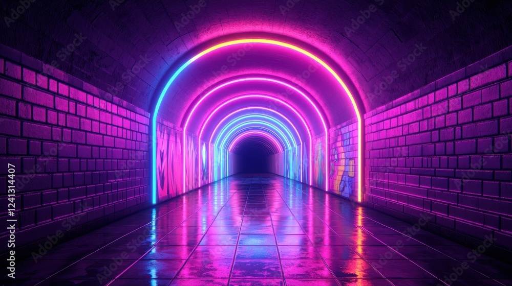 Poster a vibrant, illuminated tunnel with colorful neon lights reflecting on wet surfaces, creating an imme