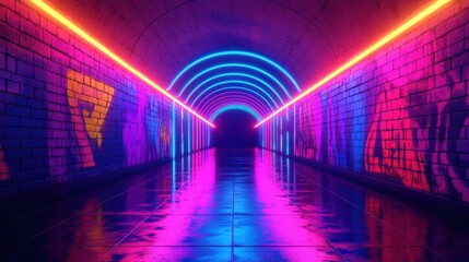 A vibrant underground tunnel illuminated with neon lights, featuring colorful graffiti on the...