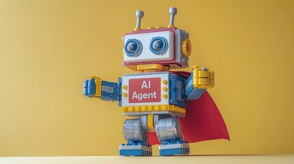 Fototapeta premium A toy-like robot AI agent superhero in a red cape symbolizing agentic creativity, autonomy, and the playful role of assistants in technology and innovation..