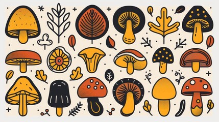 Collection of Colorful Autumn Mushrooms, Retro-Style Illustrations of Different Fungi with Outlines
