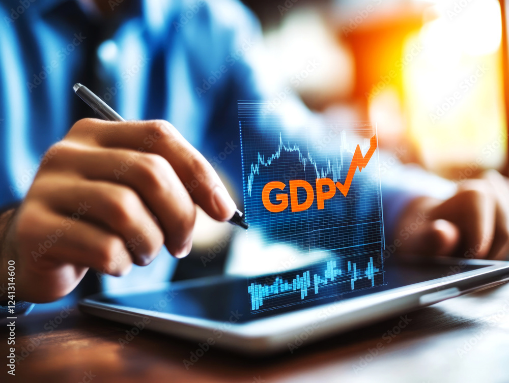 Poster analyzing gdp and inflation trends economic insights from data visualization modern office setting d