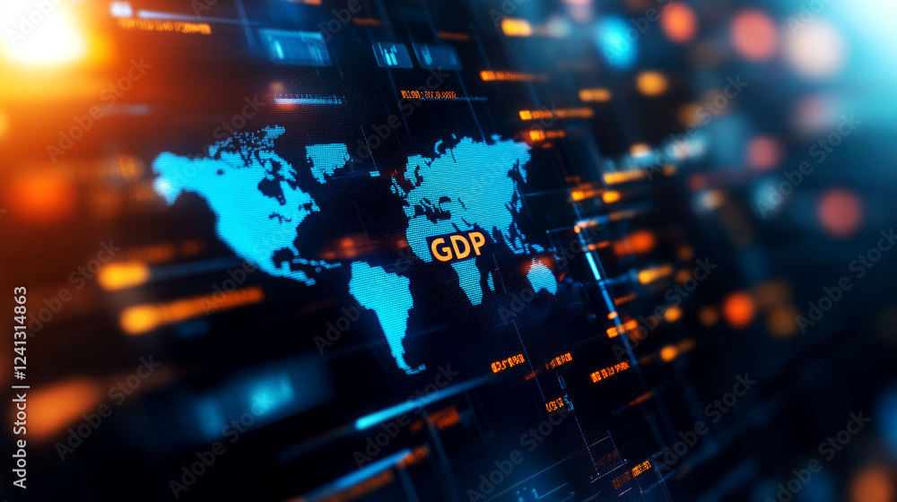 Poster analyzing global gdp and inflation trends in economic data visualization digital environment macro-e