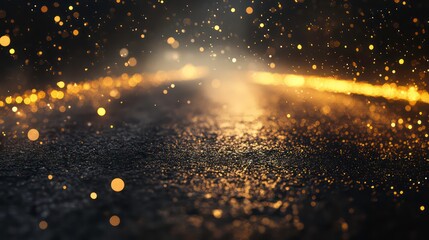 A holiday-themed abstract background with black and gold glitter, fireworks, and an asphalt floor or stage, fitting for Christmas Eve or the 4th of July.