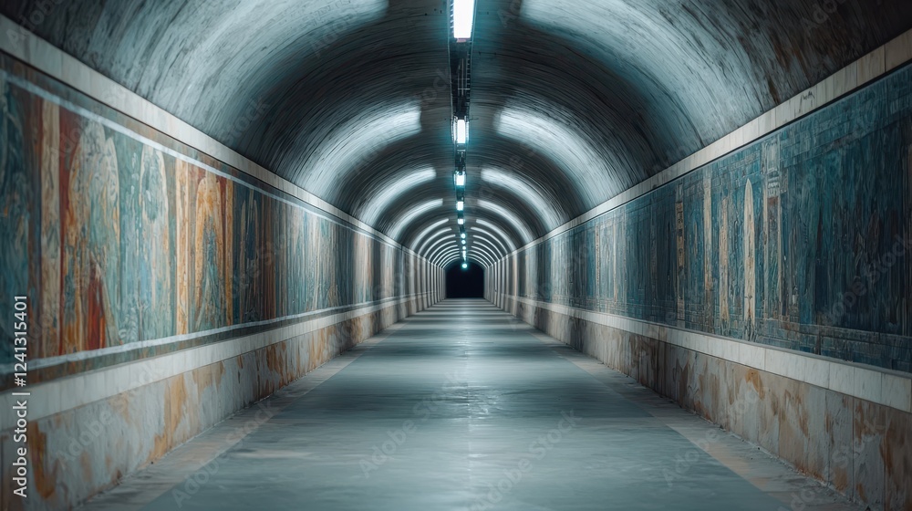 Poster a dimly lit tunnel with illuminated ceiling lights and colorful murals lining the walls, creating an