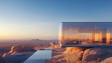 Futuristic home in the desert with transparent walls revealing advanced solar-powered technology, oxygen recyclers, and sleek minimalist interiors, reflective crystal exterior, and a vast desert