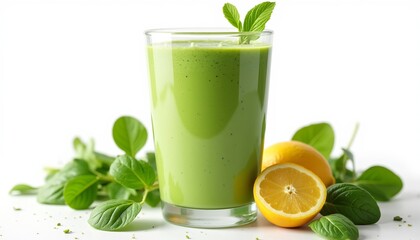 Fototapeta premium Green smoothie in glass with lemon and mint leaves