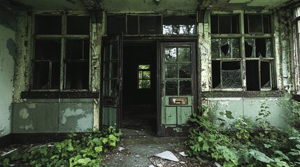 AI Generate An Abandoned Mansion With Shattered Windows And Overgrown Weeds Covering The Entrance