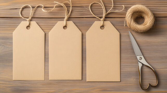 Blank kraft paper gift tags arranged on wooden surface with twine and scissors. Perfect for crafting, labeling, or gift wrapping - Powered by Adobe