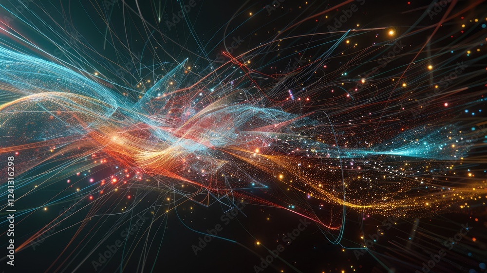 Poster explore an abstract visualization depicting a critical network structure, featuring dynamic lines an
