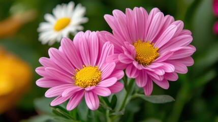 Fototapeta premium Floral photography vibrant pink daisies in blooming garden