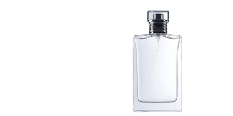 A delicate glass perfume bottle with intricate designs and a sprayer, placed on a white background. Transparent background


